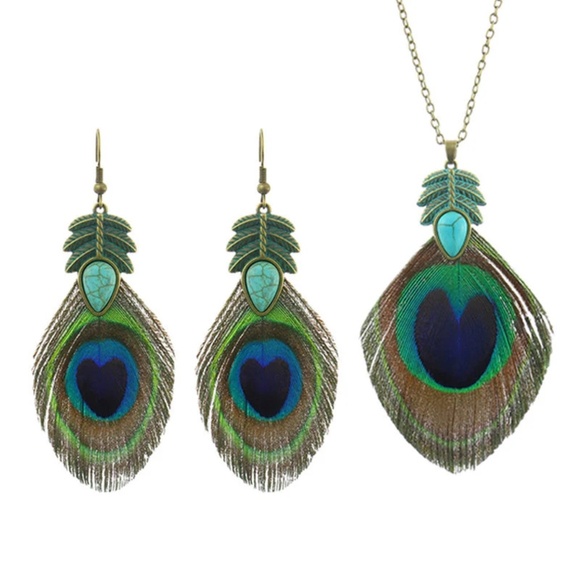 Antique Turquoise Peacock Feather Necklace and Earring Sets, - Picture 4 of 10